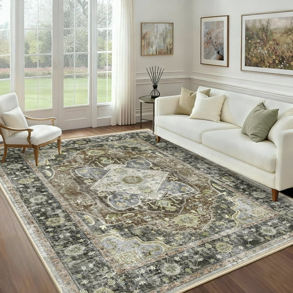 NewBuros 6'x9' Area Rugs for Living Room, Washable Non-Slip Vintage Tribal Print Rugs, Soft Low Pile Stain Resistant Carpet for Bedroom Dining Room, Dark Green