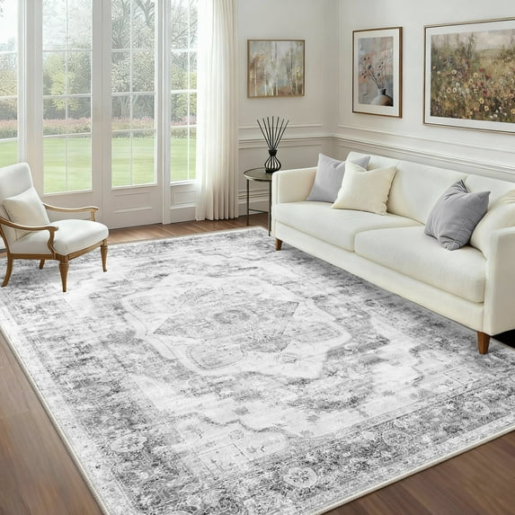 NewBuros 6'x9' Area Rugs for Living Room, Washable Non-Slip Vintage Tribal Print Rugs, Soft Low Pile Stain Resistant Carpet for Bedroom Dining Room, Gray & Black