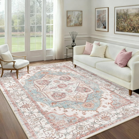 NewBuros 6'x9' Area Rugs for Living Room, Washable Non-Slip Vintage Tribal Print Rugs, Soft Low Pile Stain Resistant Carpet for Bedroom Dining Room, Pink
