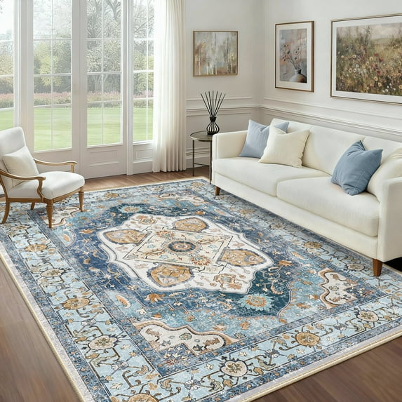 NewBuros 6'x9' Area Rugs for Living Room, Washable Non-Slip Vintage Tribal Print Rugs, Soft Low Pile Stain Resistant Carpet for Bedroom Dining Room, Sky Blue
