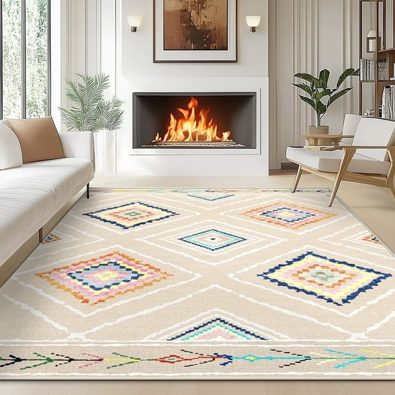 6'x9' Area Rugs for Living Room, Machine Washable Non-Slip Carpet, Soft Faux Wool Low Pile Moroccan Farmhouse Western Rug, Beige