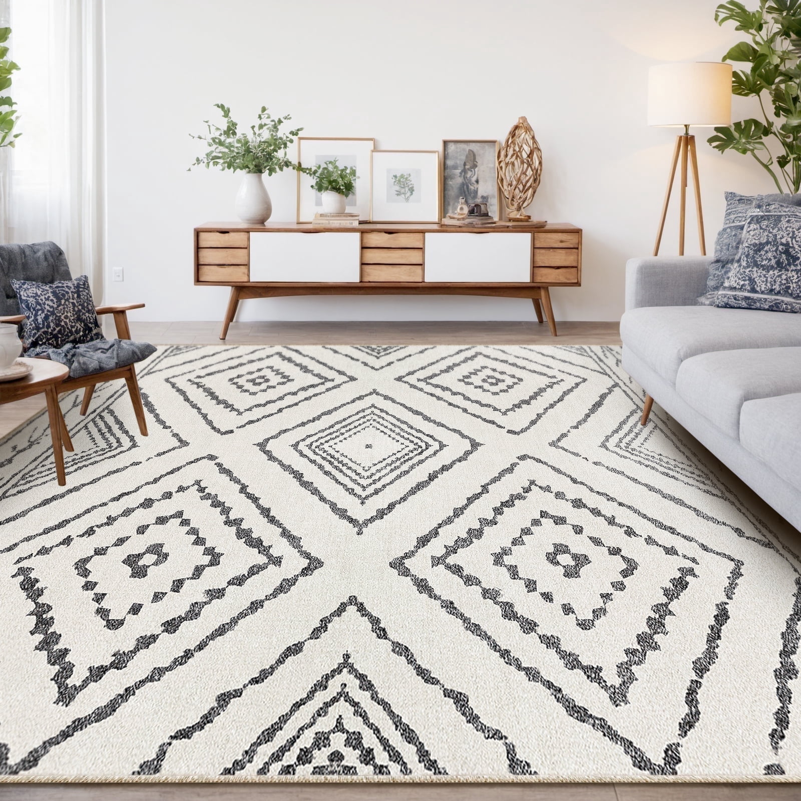 6'x9' Area Rugs for Living Room, Machine Washable Non-Slip Carpet, Soft Faux Wool Low Pile Moroccan Farmhouse Western Rug, Black and White