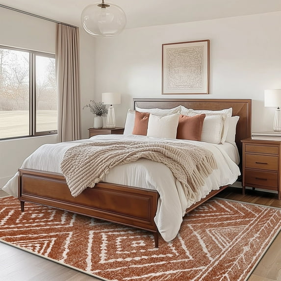6'x9' Area Rugs for Living Room, Machine Washable Non-Slip Carpet, Soft Faux Wool Low Pile Moroccan Farmhouse Western Rug, Reddish Brown