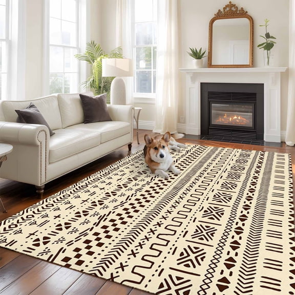 6'x9' Area Rugs, Abstract Boho Indoor Outdoor Area Rug for Living Room Bedroom, Modern African Ethnic Geometric Beige Washable Bathroom Rugs Kitchen Floor Carpet Mats Home Decor Aesthetic
