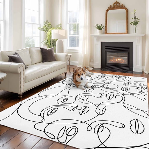 6'x9' Area Rugs, Abstract Style Indoor Outdoor Area Rug for Living Room Bedroom, Face Line Modern Character Art White Washable Bathroom Rugs Kitchen Floor Carpet Mats Home Decor Aesthetic