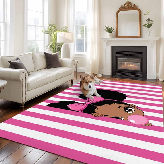 6'x9' Area Rugs, African Girl Indoor Outdoor Area Rug for Living Room Bedroom, Afro American Black Girl with Bubble Pink Stripes Washable Bathroom Rugs Kitchen Floor Carpet Mats Home Decor Aesthetic