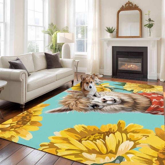 6'x9' Area Rugs, Alpaca Sunflowers Indoor Outdoor Area Rug for Living Room Bedroom, Watercolor Animals Floral Plant Teal Washable Bathroom Rugs Kitchen Floor Carpet Mats Home Decor Aesthetic
