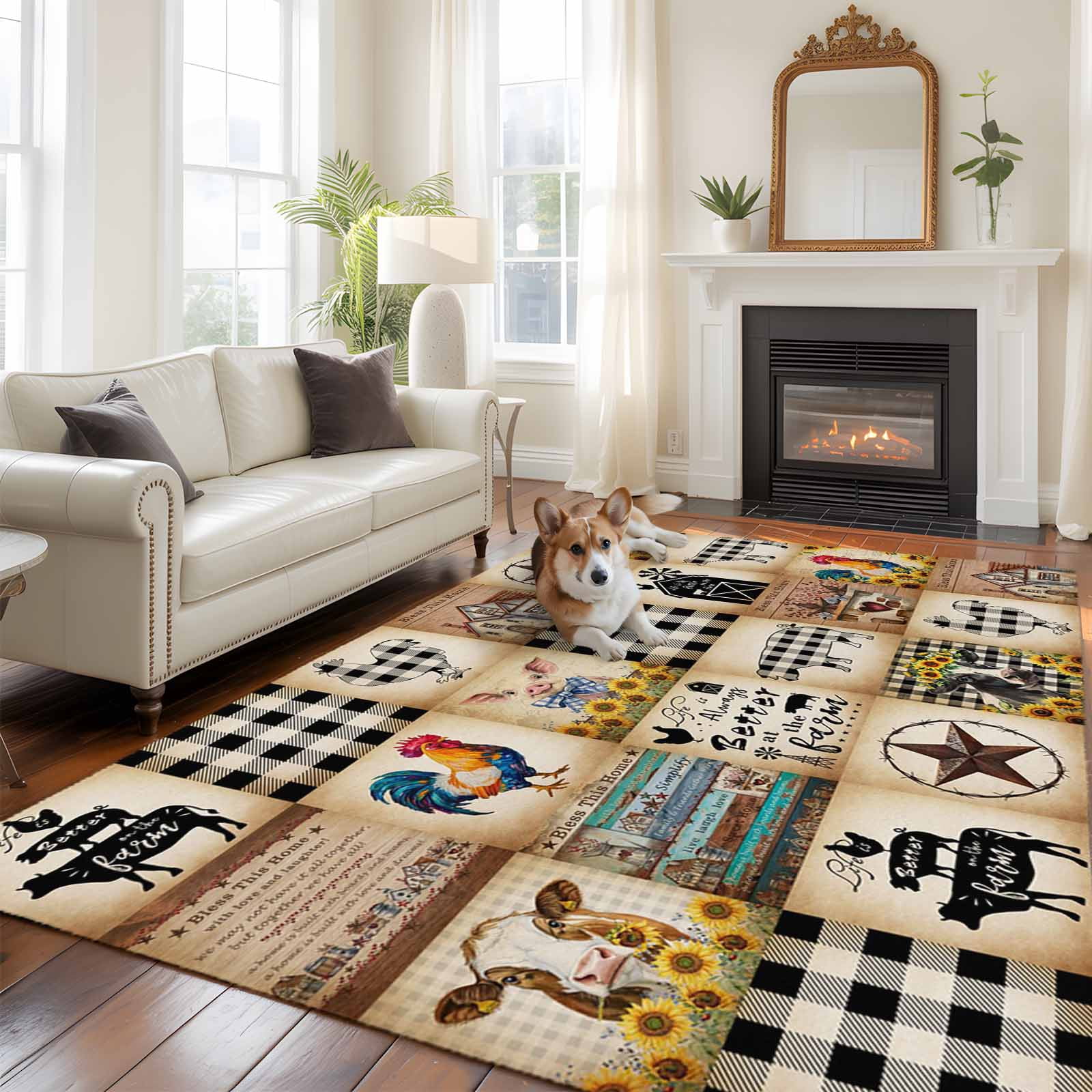 6'x9' Area Rugs, Animals Farmhouse Indoor Outdoor Area Rug for Living Room Bedroom, Vintage Farm Country Star Brown Plaid Washable Bathroom Rugs Kitchen Floor Carpet Mats Home Decor Aesthetic