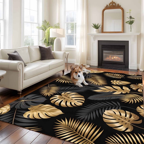 6'x9' Area Rugs, Black Golden Palm Leaf Indoor Outdoor Area Rug for Living Room Bedroom, Tropical Plant Modern Luxury Washable Bathroom Rugs Kitchen Floor Carpet Mats Home Decor Aesthetic
