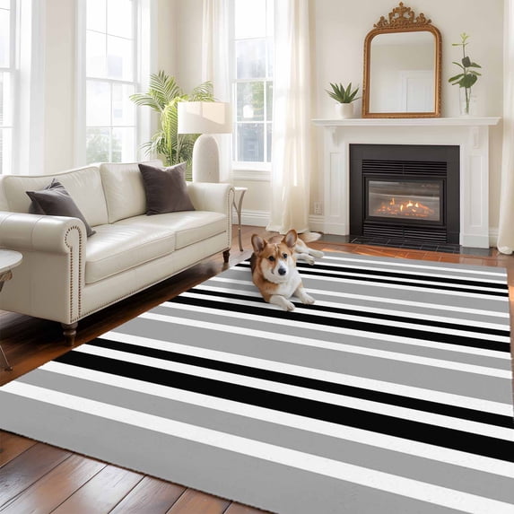 6'x9' Area Rugs, Black Grey Stripes Indoor Outdoor Area Rug for Living Room Bedroom, Simple Striped Lines Minimalist Modern Washable Bathroom Rugs Kitchen Floor Carpet Mats Home Decor Aesthetic