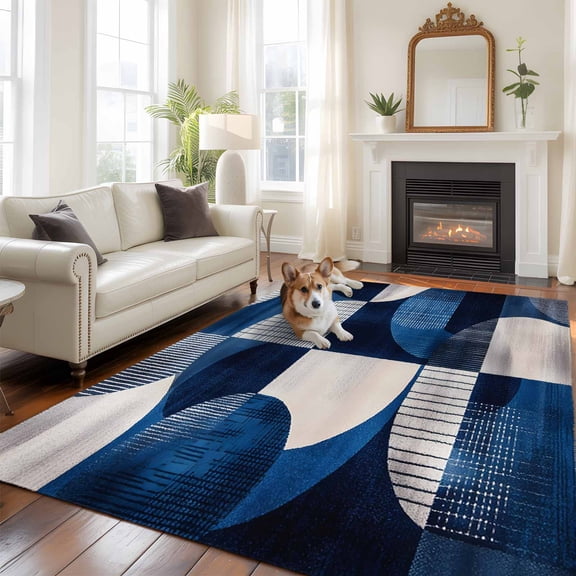 6'x9' Area Rugs, Blue Abstract Art Indoor Outdoor Area Rug for Living Room Bedroom, Black Navy Blue Geometric Washable Bathroom Rugs Kitchen Floor Carpet Mats Home Decor Aesthetic