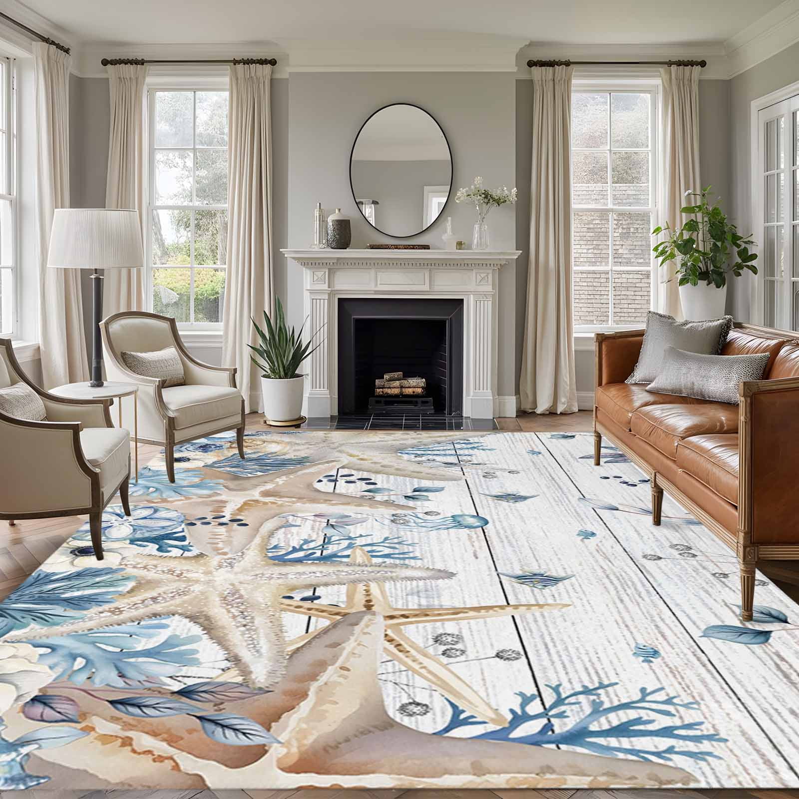 6'x9' Area Rugs, Blue Beige Coastal Indoor Outdoor Area Rug for Living Room Bedroom, Beach Starfish Summer Eucalyptus Retro Washable Bathroom Rugs Kitchen Floor Carpet Mats Home Decor Aesthetic
