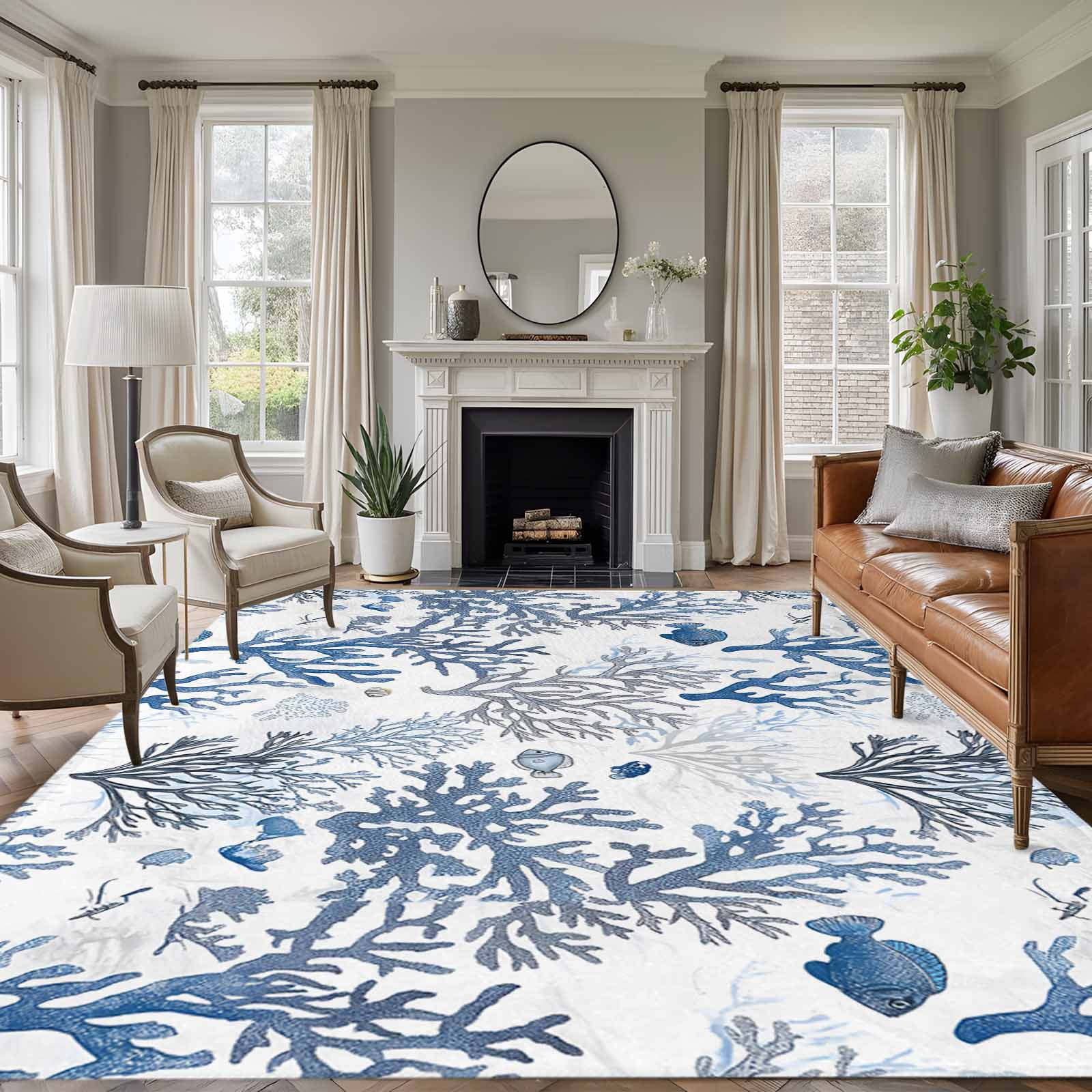6'x9' Area Rugs, Blue Coastal Indoor Outdoor Area Rug for Living Room Bedroom, Summer Nautical Ocean Beach Coral Fish Washable Bathroom Rugs Kitchen Floor Carpet Mats Home Decor Aesthetic