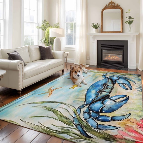 6'x9' Area Rugs, Blue Crab Coastal Indoor Outdoor Area Rug for Living Room Bedroom, Nautical Starfish Beach Ocean Coral Washable Bathroom Rugs Kitchen Floor Carpet Mats Home Decor Aesthetic