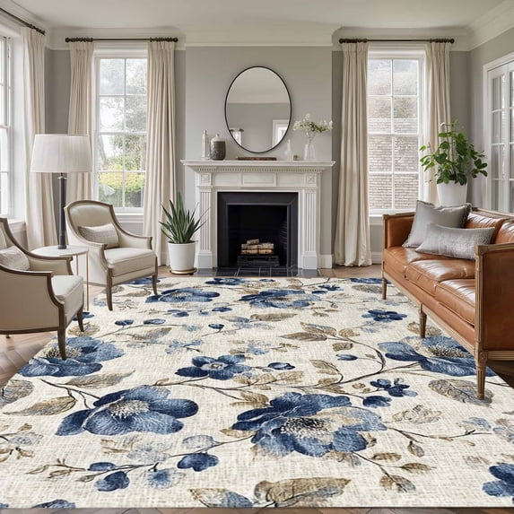 6'x9' Area Rugs, Blue Gray Spring Floral Indoor Outdoor Area Rug for Living Room Bedroom, Vintage Botanical Washable Bathroom Rugs Kitchen Floor Carpet Mats Home Decor Aesthetic