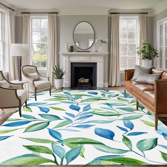 6'x9' Area Rugs, Blue Green Botanical Indoor Outdoor Area Rug for Living Room Bedroom, Watercolor Summer Leaf Washable Bathroom Rugs Kitchen Floor Carpet Mats Home Decor Aesthetic