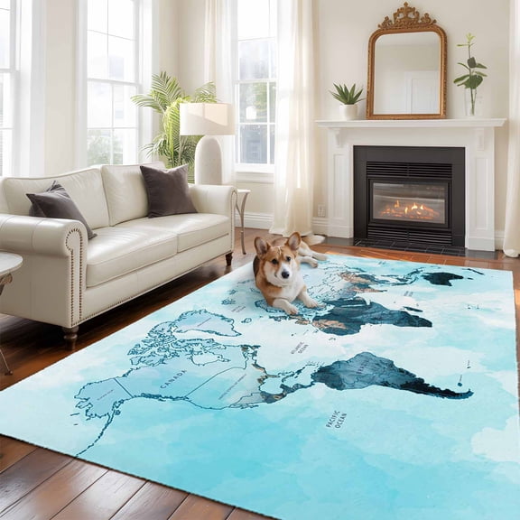 6'x9' Area Rugs, Blue Maps Indoor Outdoor Area Rug for Living Room Bedroom, Abstract World Map Ocean Modern Washable Bathroom Rugs Kitchen Floor Carpet Mats Home Decor Aesthetic