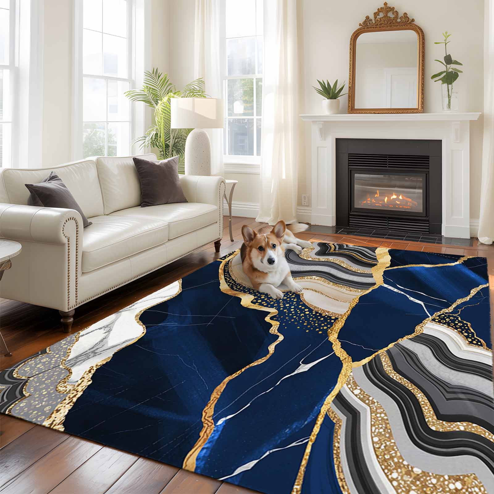6'x9' Area Rugs, Blue Marble Indoor Outdoor Area Rug for Living Room Bedroom, Grey Gold Texture Vintage Farmhouse Art Washable Bathroom Rugs Kitchen Floor Carpet Mats Home Decor Aesthetic