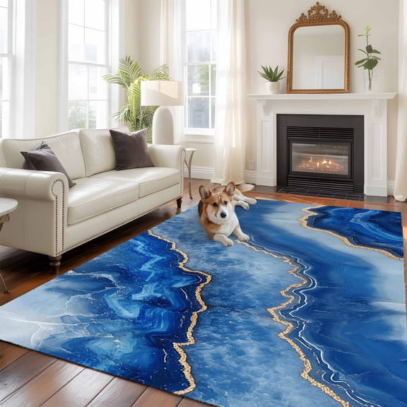 6'x9' Area Rugs, Blue Marble Indoor Outdoor Area Rug for Living Room Bedroom, Modern Luxury Granite Surface Motif Sketch Washable Bathroom Rugs Kitchen Floor Carpet Mats Home Decor Aesthetic
