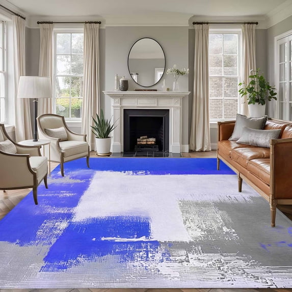 6'x9' Area Rugs, Blue Purple Grey Indoor Outdoor Area Rug for Living Room Bedroom, Contemporary Abstract Geometric Oil Painted Washable Bathroom Rugs Kitchen Floor Carpet Mats Home Decor Aesthetic