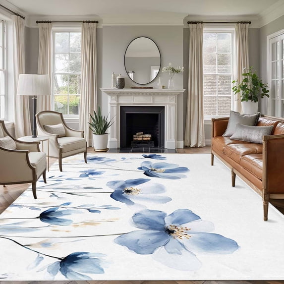 6'x9' Area Rugs, Blue Spring Floral Indoor Outdoor Area Rug for Living Room Bedroom, Watercolor Botanical Summer Flower Washable Bathroom Rugs Kitchen Floor Carpet Mats Home Decor Aesthetic