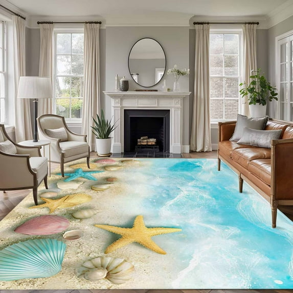 6'x9' Area Rugs, Blue Summer Beach Indoor Outdoor Area Rug for Living Room Bedroom, Coastal Starfish Shell Nautical Waves Washable Bathroom Rugs Kitchen Floor Carpet Mats Home Decor Aesthetic