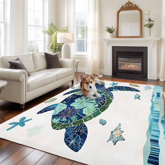 6'x9' Area Rugs, Blue Teal Coastal Turtle Indoor Outdoor Area Rug for Living Room Bedroom, Summer Beach Starfish Nautical Washable Bathroom Rugs Kitchen Floor Carpet Mats Home Decor Aesthetic