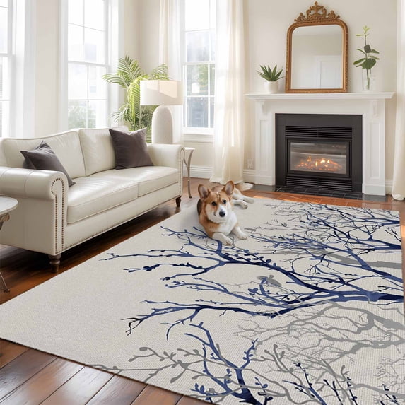 6'x9' Area Rugs, Blue Tree Indoor Outdoor Area Rug for Living Room Bedroom, Retro Farmhouse Botanical Branches Bird Washable Bathroom Rugs Kitchen Floor Carpet Mats Home Decor Aesthetic