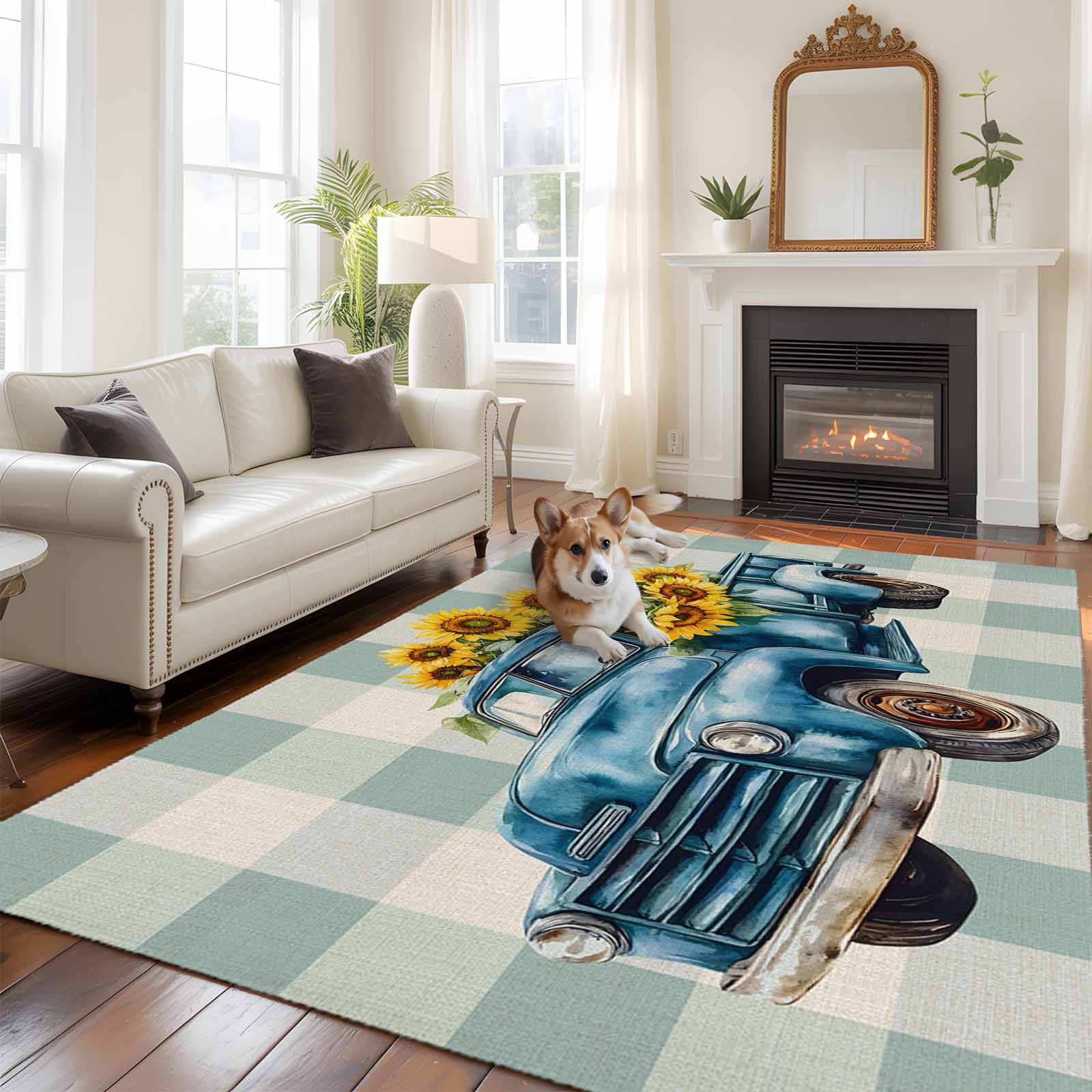 6'x9' Area Rugs, Blue Truck Yellow Sunflower Indoor Outdoor Area Rug ...