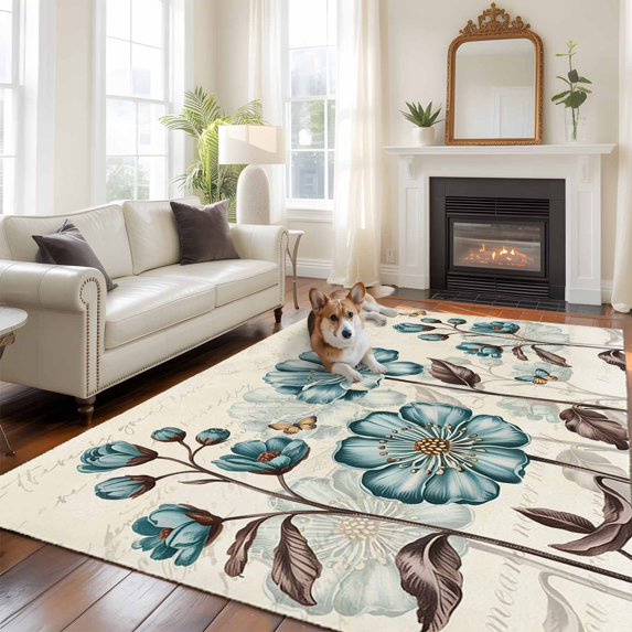 6'x9' Area Rugs, Blue Tulip Indoor Outdoor Area Rug for Living Room Bedroom, Vintage Flowers Butterfly Plants Beige Rustic Washable Bathroom Rugs Kitchen Floor Carpet Mats Home Decor Aesthetic
