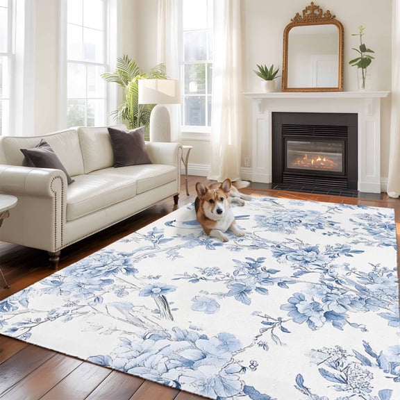 6'x9' Area Rugs, Blue White Flowers Indoor Outdoor Area Rug for Living Room Bedroom, Spring Summer Floral Botanical Washable Bathroom Rugs Kitchen Floor Carpet Mats Home Decor Aesthetic