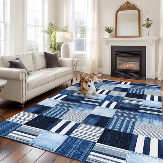 6'x9' Area Rugs, Blue White Plaid Indoor Outdoor Area Rug for Living Room Bedroom, Modern Geometric Striped Checkered Washable Bathroom Rugs Kitchen Floor Carpet Mats Home Decor Aesthetic