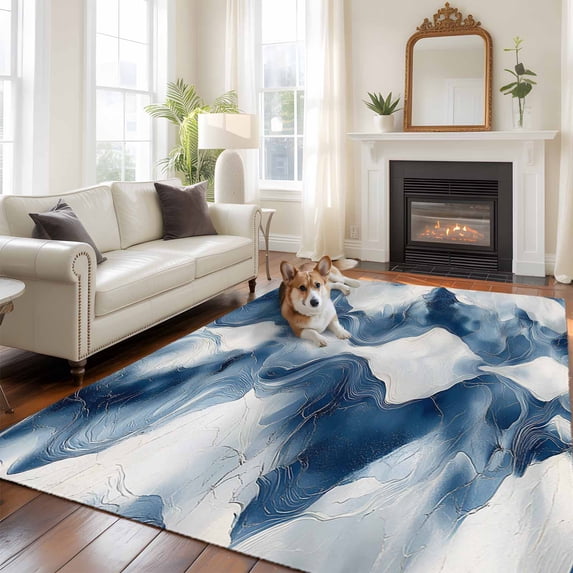 6'x9' Area Rugs, Blue White Wave Abstract Indoor Outdoor Area Rug for Living Room Bedroom, Artwork Modern Waves Washable Bathroom Rugs Kitchen Floor Carpet Mats Home Decor Aesthetic