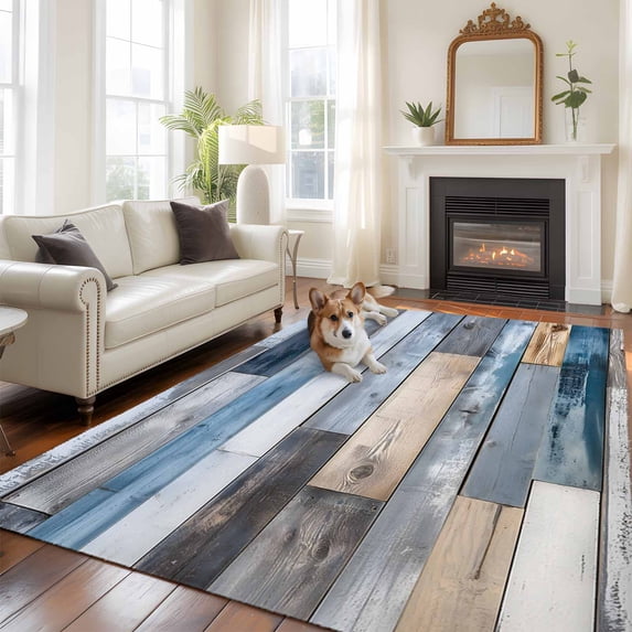 6'x9' Area Rugs, Blue Wooden Grain Indoor Outdoor Area Rug for Living Room Bedroom, Farmhouse Country Abstract Art Washable Bathroom Rugs Kitchen Floor Carpet Mats Home Decor Aesthetic
