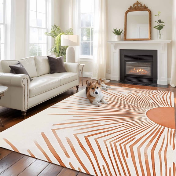 6'x9' Area Rugs, Boho Abstract Sun Indoor Outdoor Area Rug for Living Room Bedroom, Modern Beige Sun Light Lines Washable Bathroom Rugs Kitchen Floor Carpet Mats Home Decor Aesthetic