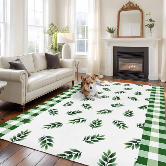 6'x9' Area Rugs, Botanical Leaf Indoor Outdoor Area Rug for Living Room Bedroom, Green Buffalo Plaid Checkered Country Washable Bathroom Rugs Kitchen Floor Carpet Mats Home Decor Aesthetic