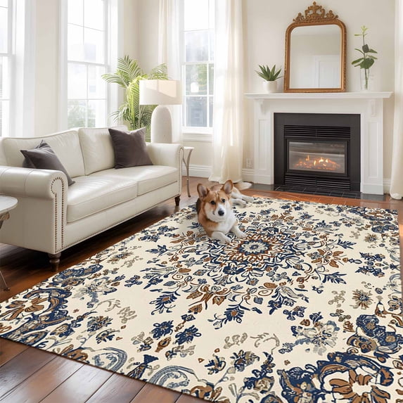 6'x9' Area Rugs, Brown Blue Boho Indoor Outdoor Area Rug for Living Room Bedroom, Southwestern Geometric Ethnic Washable Bathroom Rugs Kitchen Floor Carpet Mats Home Decor Aesthetic