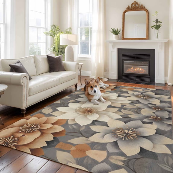 6'x9' Area Rugs, Burnt Orange Grey Flower Indoor Outdoor Area Rug for Living Room Bedroom, Vintage Spring Floral Botanical Washable Bathroom Rugs Kitchen Floor Carpet Mats Home Decor Aesthetic