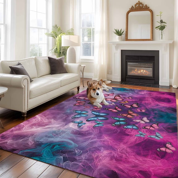 6'x9' Area Rugs, Butterfly Indoor Outdoor Area Rug for Living Room Bedroom, Purple Blue Fantasy Dream Butterflies Abstract Washable Bathroom Rugs Kitchen Floor Carpet Mats Home Decor Aesthetic