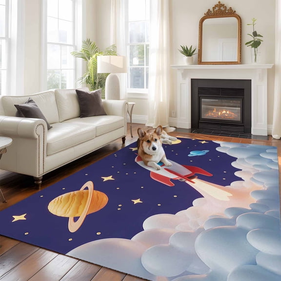 6'x9' Area Rugs, Cartoon Rocket Indoor Outdoor Area Rug for Living Room Bedroom, Funny Space Planet Blue Starry Sky Cloudy Washable Bathroom Rugs Kitchen Floor Carpet Mats Home Decor Aesthetic