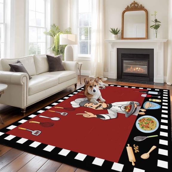 6'x9' Area Rugs, Cheg Red Indoor Outdoor Area Rug for Living Room Bedroom, Black White Check Buffalo Plaid Grid Lattice Washable Bathroom Rugs Kitchen Floor Carpet Mats Home Decor Aesthetic