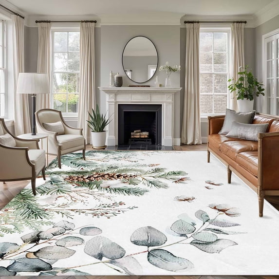 6'x9' Area Rugs, Christmas Botanical Indoor Outdoor Area Rug for Living Room Bedroom, Pinecone Eucalyptus Leaves Xmas Washable Bathroom Rugs Kitchen Floor Carpet Mats Home Decor Aesthetic