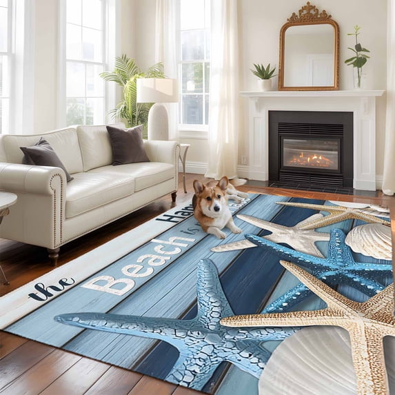 6'x9' Area Rugs, Coastal Beach Indoor Outdoor Area Rug for Living Room Bedroom, Ocean Starfish Farmhouse Plank Washable Bathroom Rugs Kitchen Floor Carpet Mats Home Decor Aesthetic