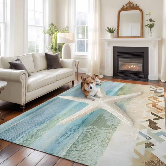 6'x9' Area Rugs, Coastal Beach Indoor Outdoor Area Rug for Living Room Bedroom, Summer Retro Starfish Wave Washable Bathroom Rugs Kitchen Floor Carpet Mats Home Decor Aesthetic
