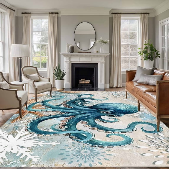 6'x9' Area Rugs, Coastal Octopus Indoor Outdoor Area Rug for Living Room Bedroom, Nautical Botanical Starfish Washable Bathroom Rugs Kitchen Floor Carpet Mats Home Decor Aesthetic