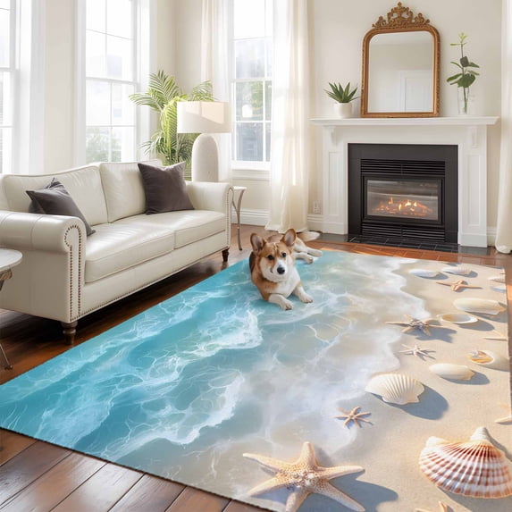 6'x9' Area Rugs, Coastal Summer Beach Indoor Outdoor Area Rug for Living Room Bedroom, Starfish Shell Seaside Washable Bathroom Rugs Kitchen Floor Carpet Mats Home Decor Aesthetic