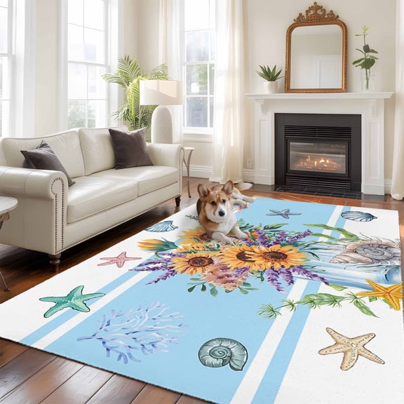 6'x9' Area Rugs, Coastal Sunflower Indoor Outdoor Area Rug for Living Room Bedroom, Blue Summer Beach Starfish Shell Washable Bathroom Rugs Kitchen Floor Carpet Mats Home Decor Aesthetic