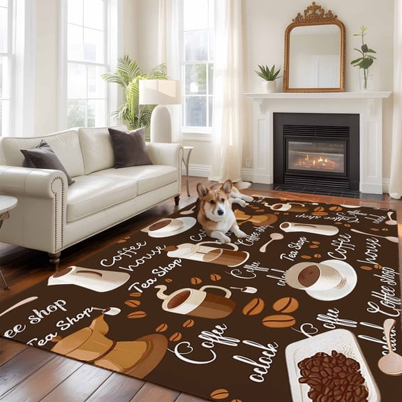 6'x9' Area Rugs, Coffee Indoor Outdoor Area Rug for Living Room Bedroom, Brown Retro Coffee Theme Beans Latte Tea Cup Washable Bathroom Rugs Kitchen Floor Carpet Mats Home Decor Aesthetic