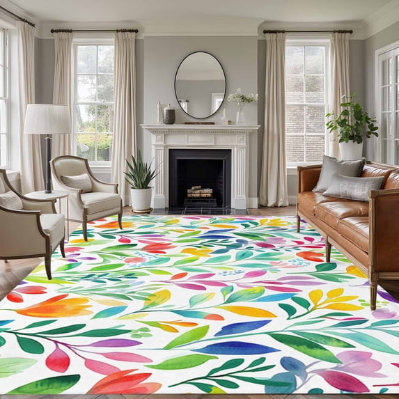 6'x9' Area Rugs, Colorful Summer Botanical Indoor Outdoor Area Rug for Living Room Bedroom, Spring Floral Watercolor Washable Bathroom Rugs Kitchen Floor Carpet Mats Home Decor Aesthetic