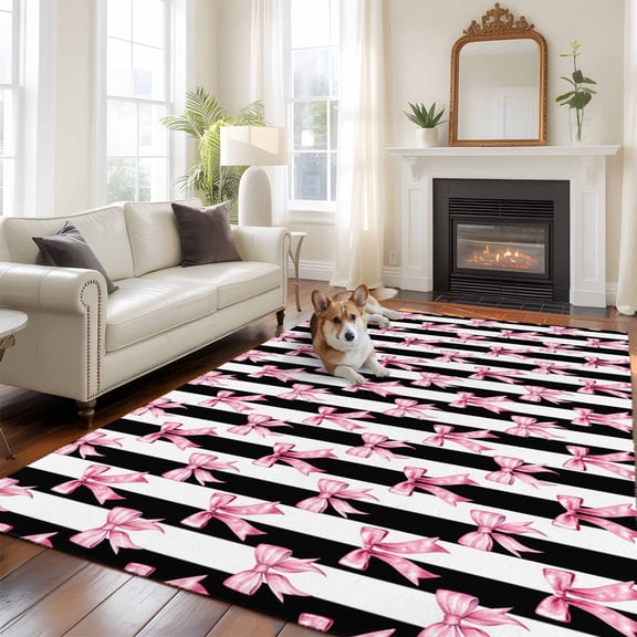 6'x9' Area Rugs, Cute Pink Bow Indoor Outdoor Area Rug for Living Room Bedroom, Black White Striped Preppy Aesthetic Washable Bathroom Rugs Kitchen Floor Carpet Mats Home Decor Aesthetic